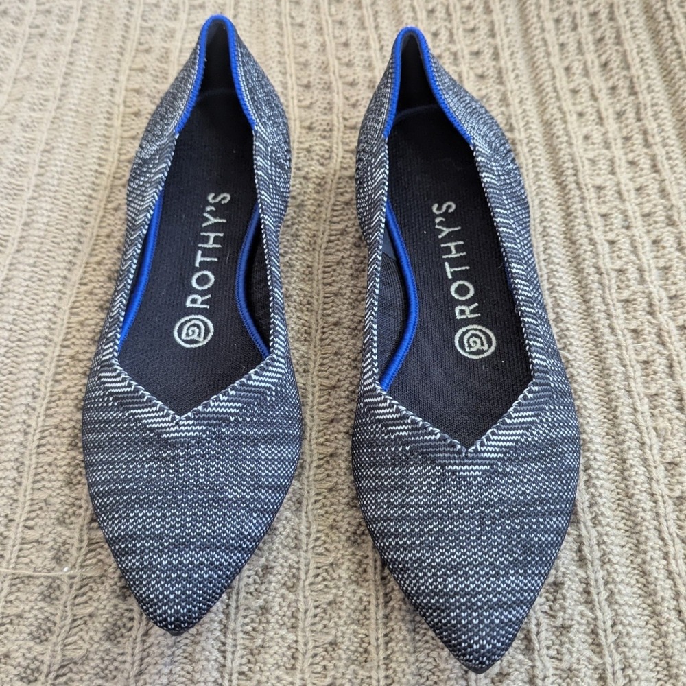Rothys The Point Flats Gray White Heathered Knit Pointed Toe Shoes Womens 7.5